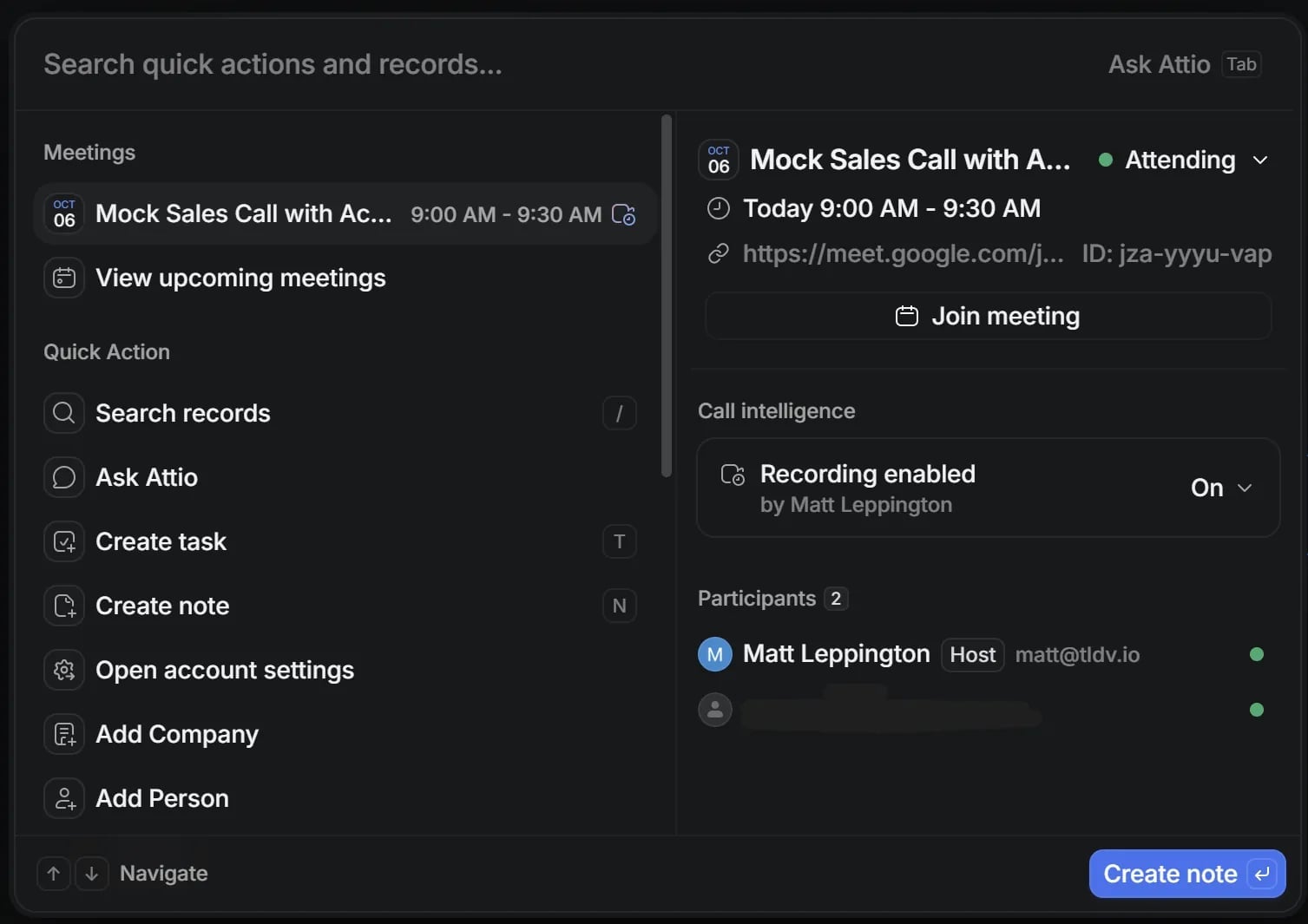 Attio quick actions panel with call recording switched on for a meeting.