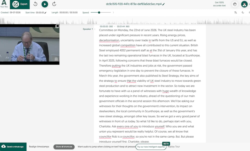 Amberscript editor transcribing the British Steel committee session, showing "street strategy" where the record says "steel strategy"