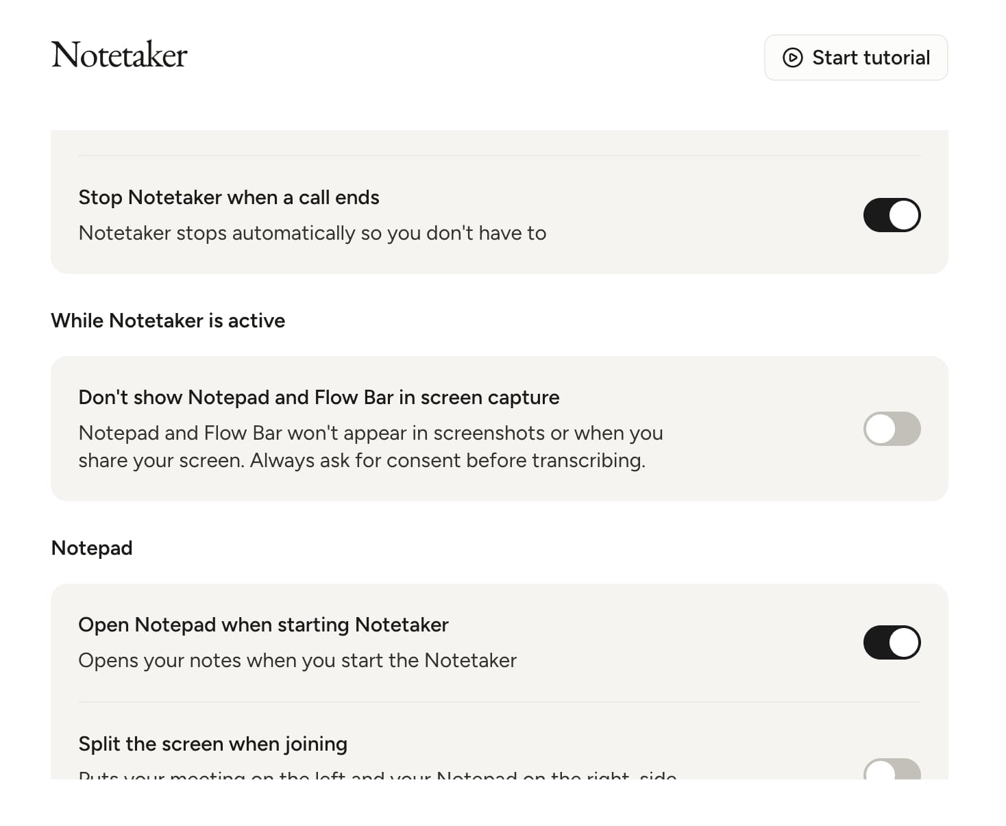 Wispr Notetaker setting to hide the Notepad and Flow Bar from screen shares, off by default