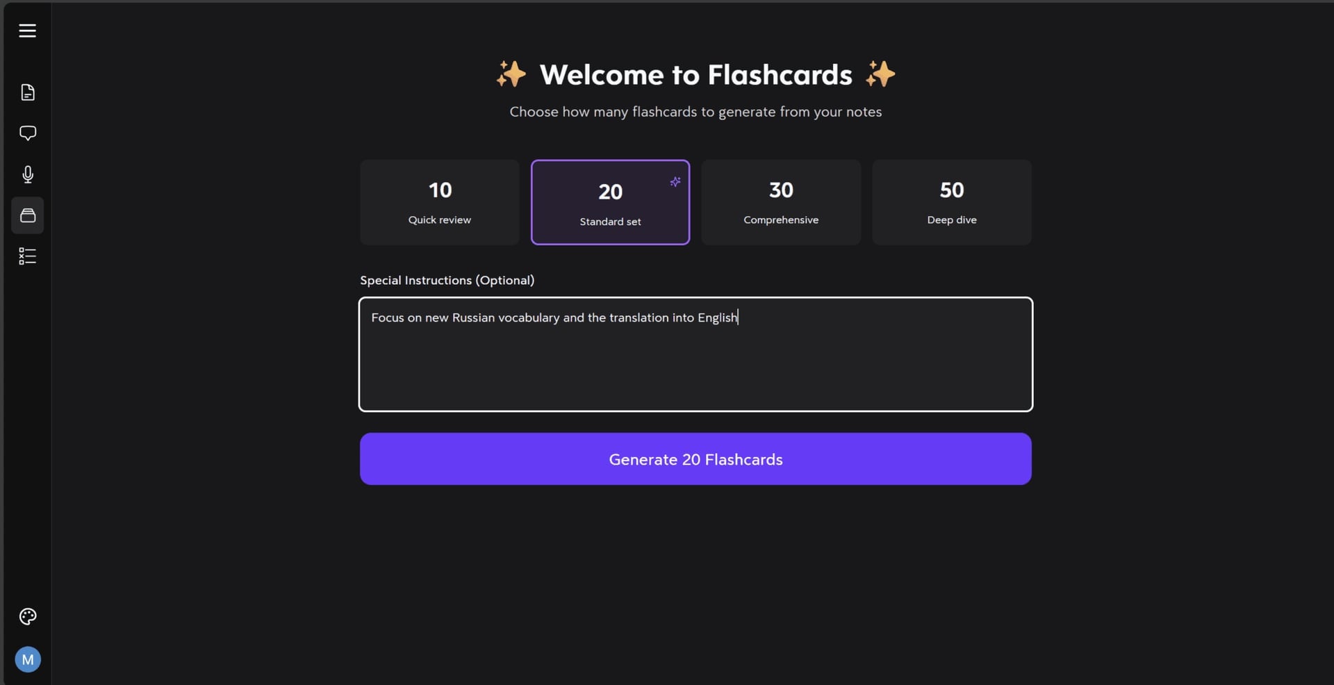 Turbo AI gives you a pre-written prompt that doesn't actually work. It's just an example of what you could write. Turbo AI flashcard generation tool modal, prompting users to select a source like a meeting for creating study sets.