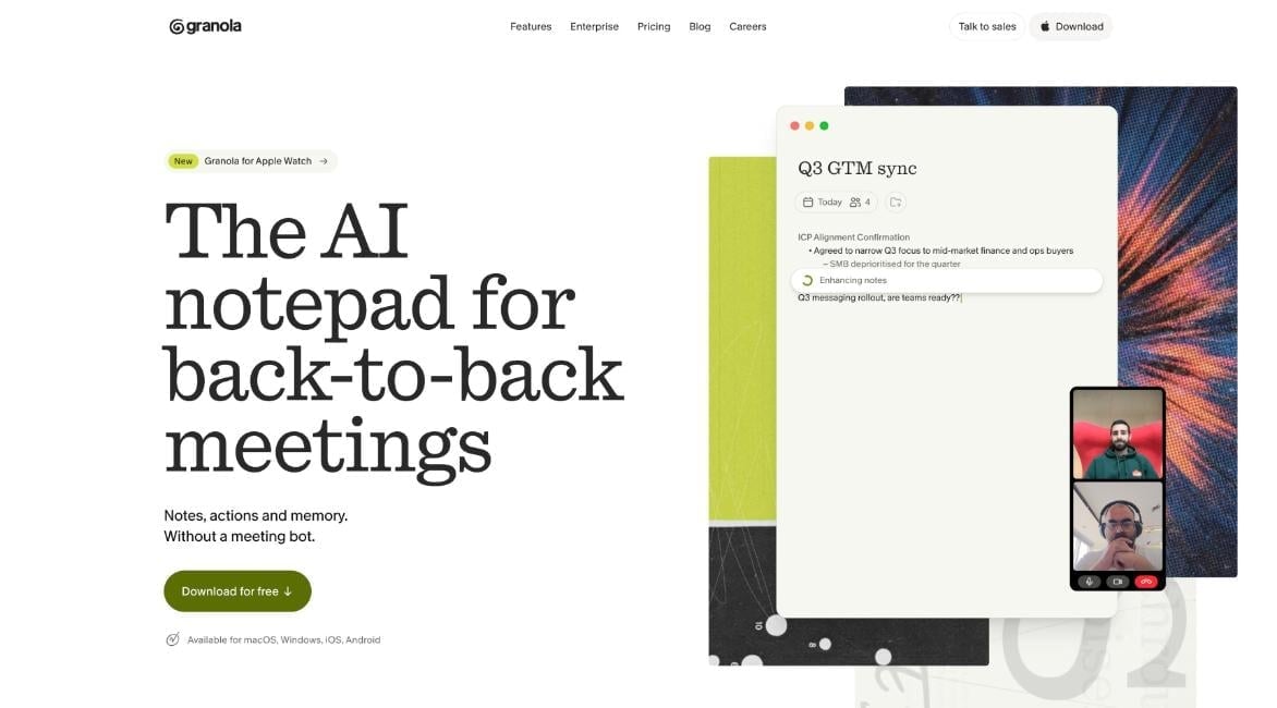 Granola homepage, an AI notepad that records without a meeting bot