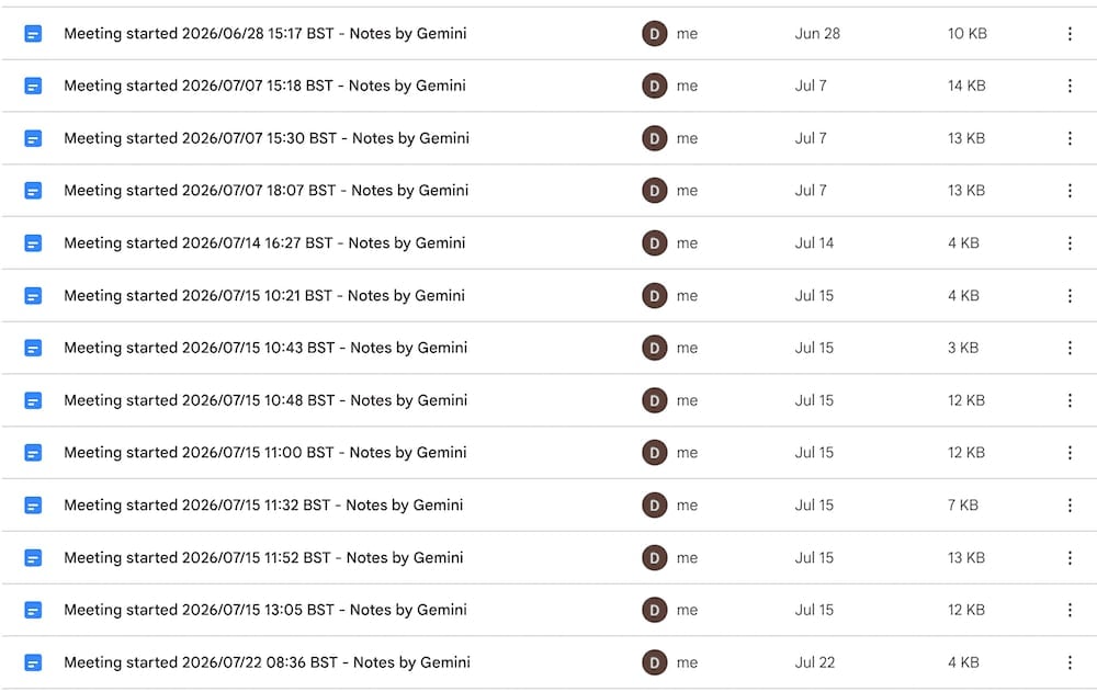Google Drive list of thirteen Gemini meeting notes Docs titled "Meeting started" with a date and "Notes by Gemini", seven of them from the same day