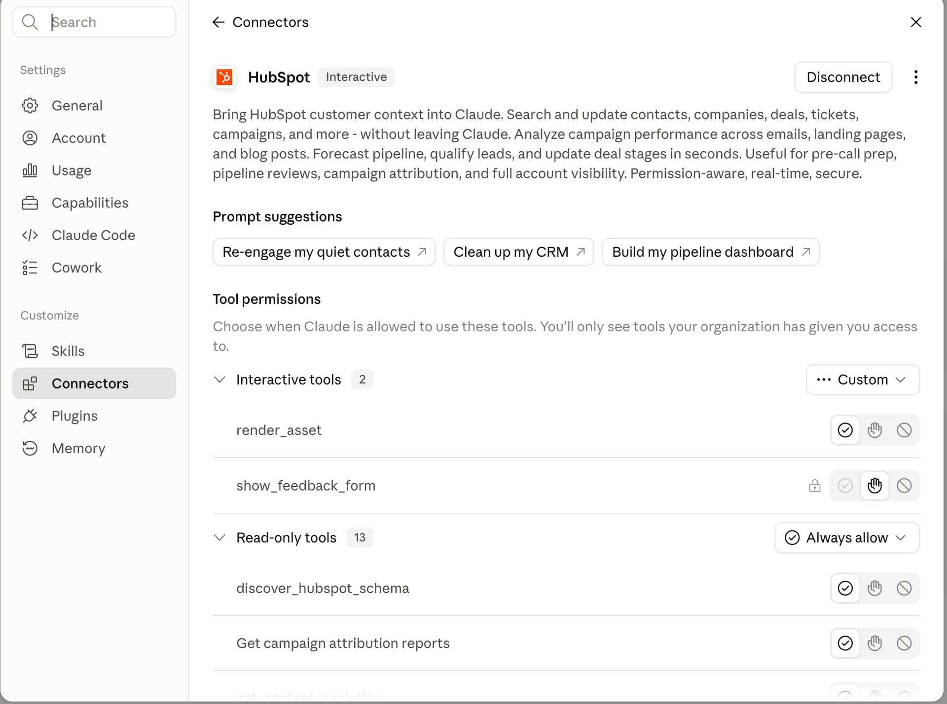 HubSpot connector tool permissions in Claude, showing tools grouped as interactive and read-only