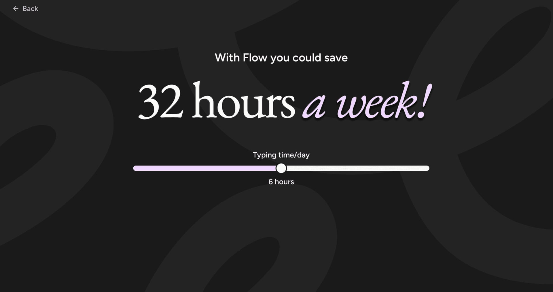 Wispr Flow onboarding screen claiming 32 hours saved a week at six hours of typing a day