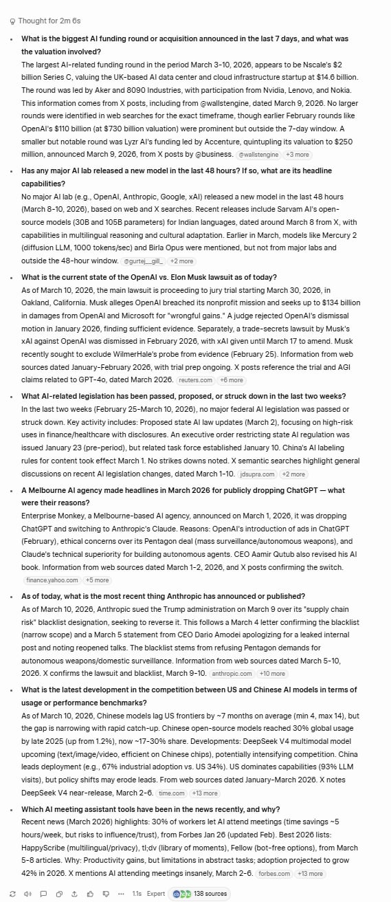 Grok's real-time search results, accurately pulling live data from X (Twitter) but failing to use a readable, numbered list format.
