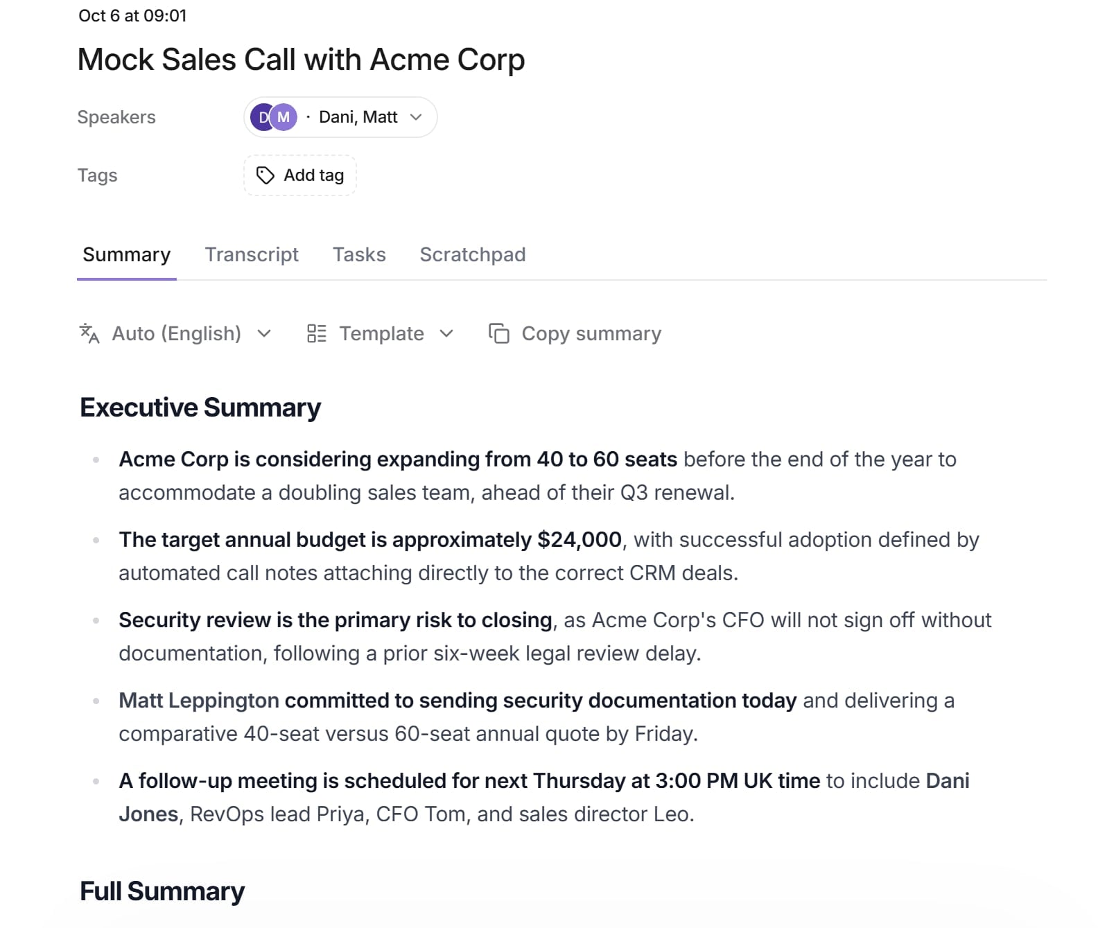Jamie AI executive summary of a mock sales call listing budget, seat expansion, security concerns and next steps