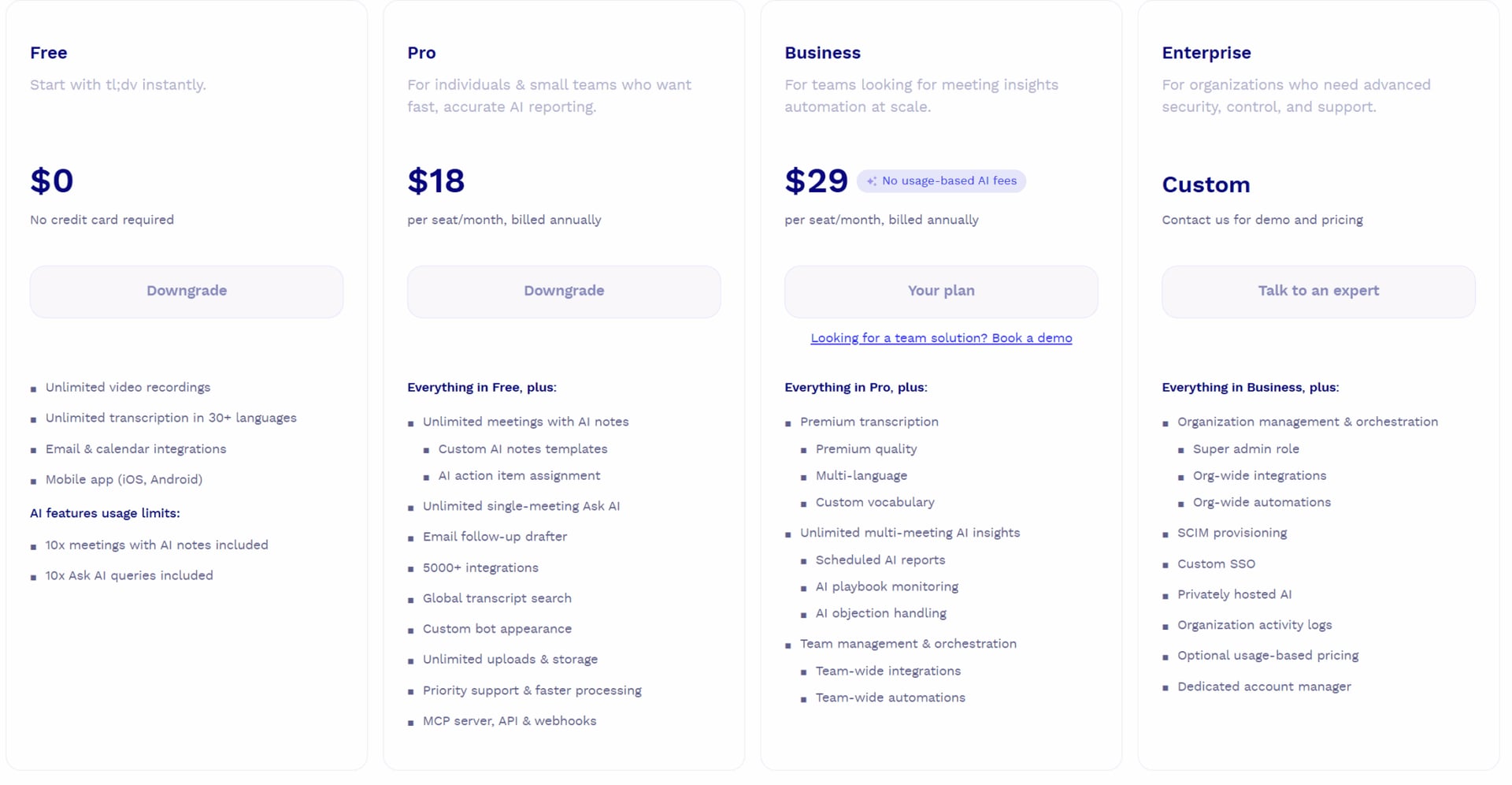 tl;dv's pricing plans