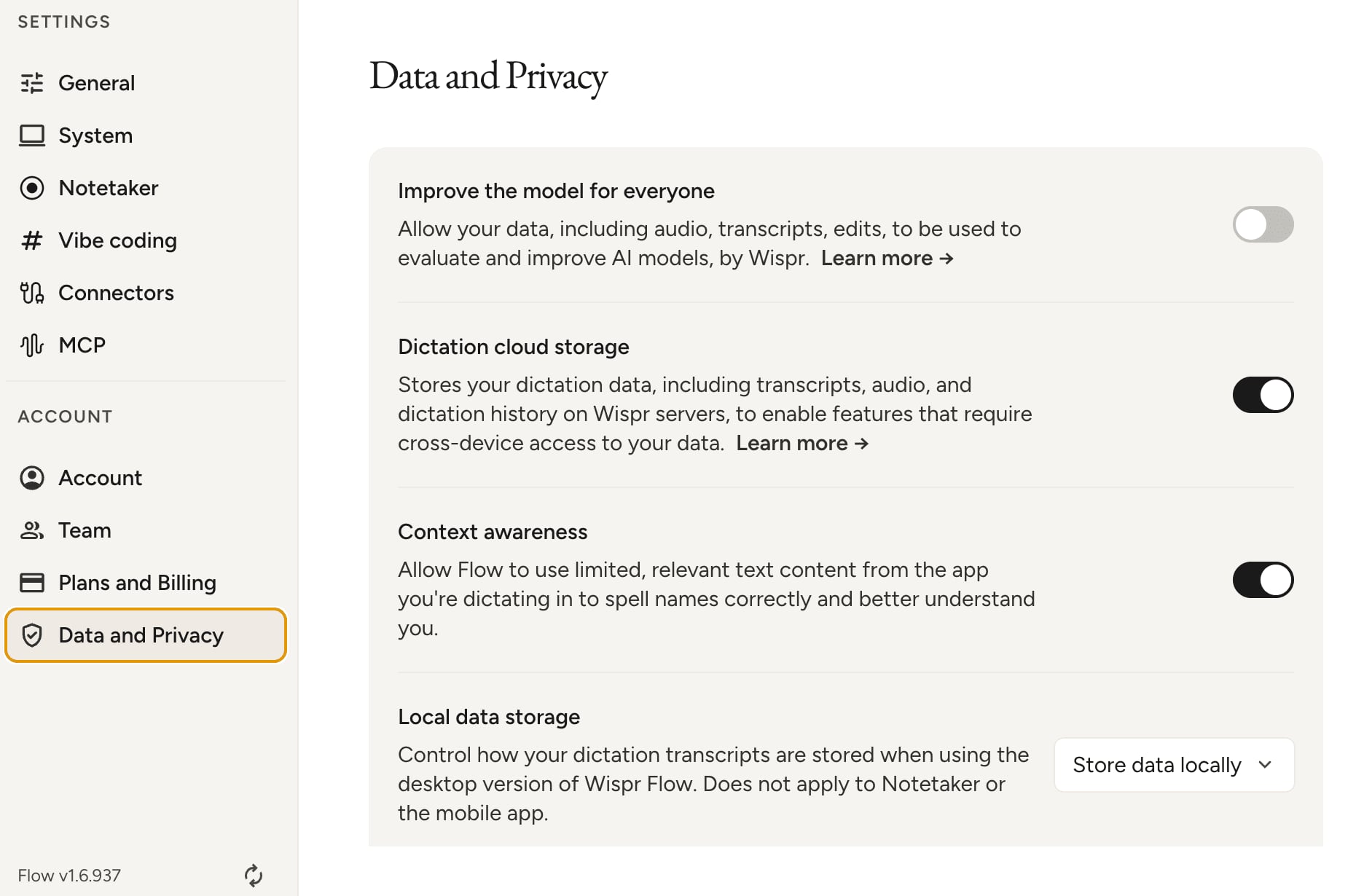 Wispr Flow Data and Privacy settings with Improve the model for everyone switched off