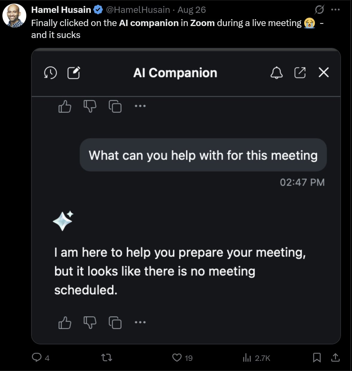X post criticizes Zoom's AI capabilities.