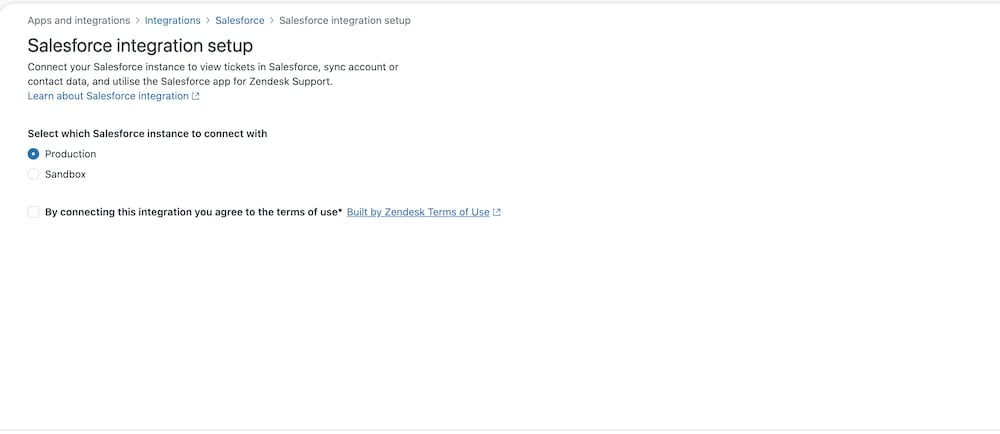 Zendesk Salesforce integration setup offering a choice between production and sandbox