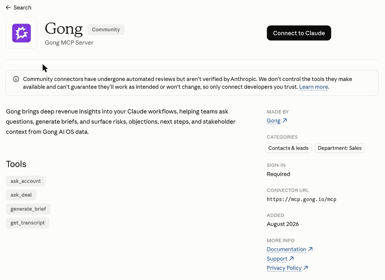 Gong listed as a Community connector in Claude’s connector directory with four tools including get_transcript
