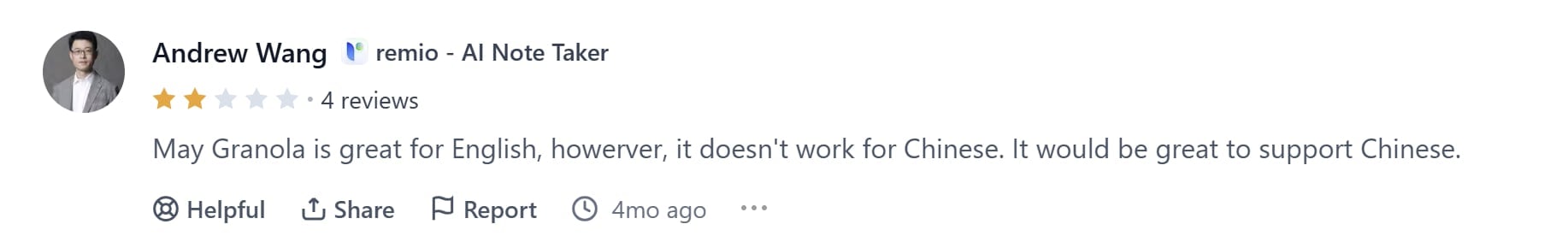 2/5 звезд в обзоре Granola ProductHunt.