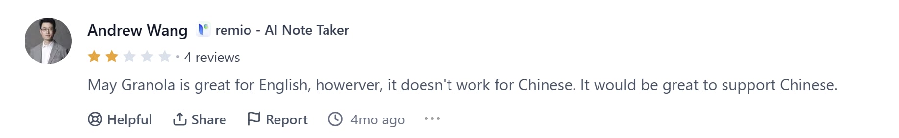 A 2/5 star review of Granola on ProductHunt.