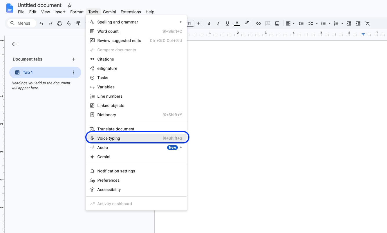 Google Docs Voice typing converts speech into text in real time and works as a simple audio-to-text workaround.
