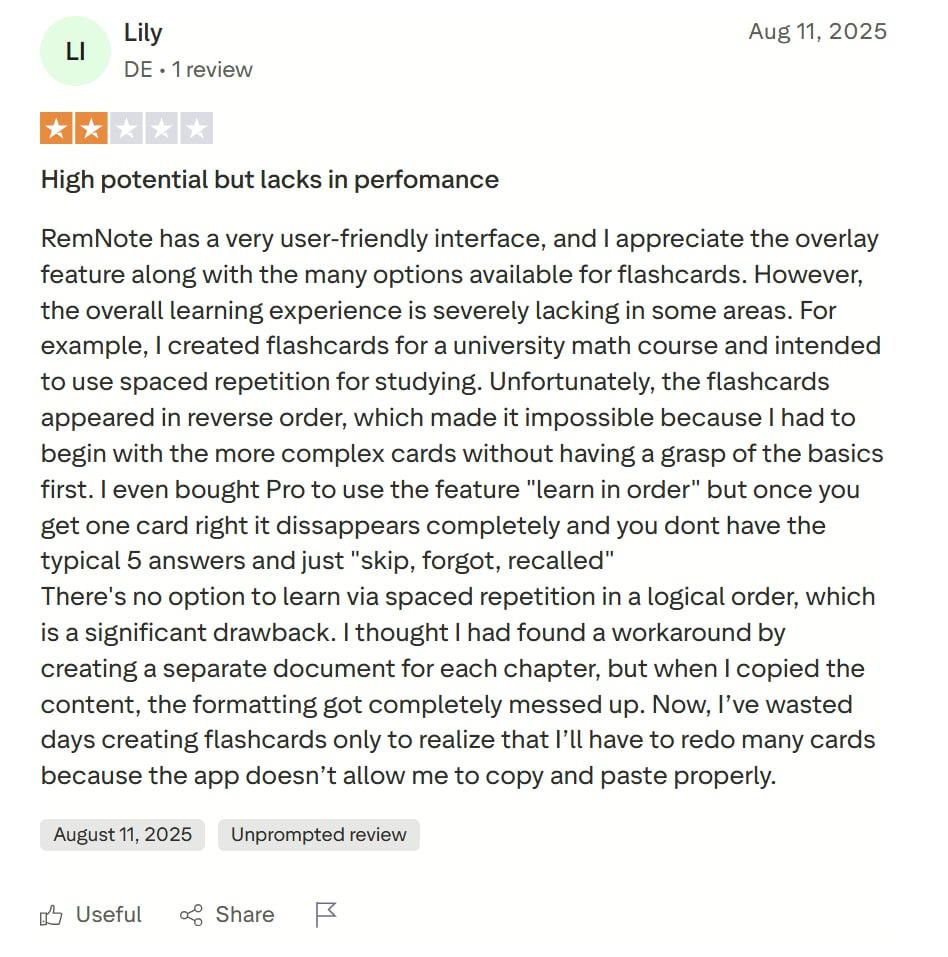RemNote's 2-star review on TrustPilot.