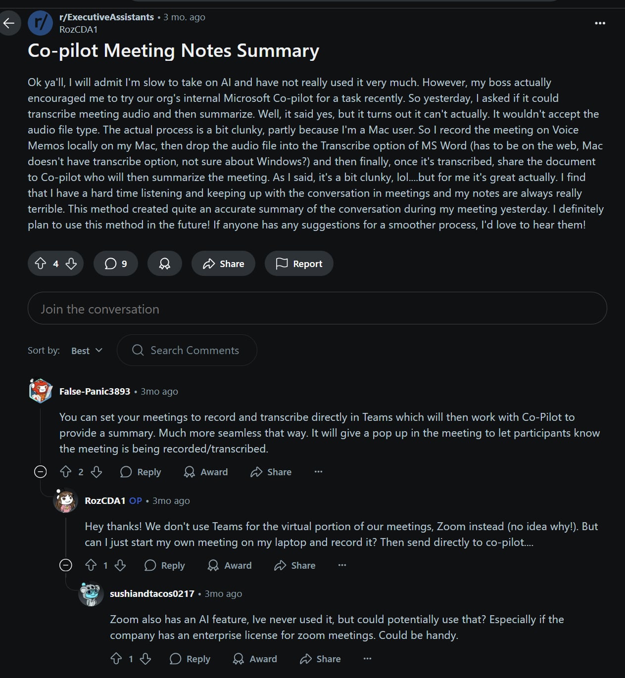 Reddit post explaining the clunky process of using Copilot for summaries