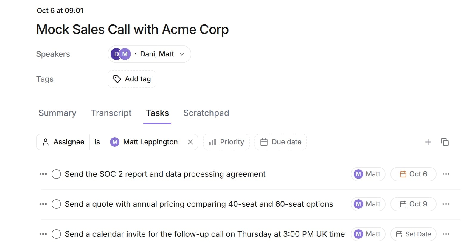 Jamie AI Tasks tab with three action items assigned to Matt, due October 6 and October 9