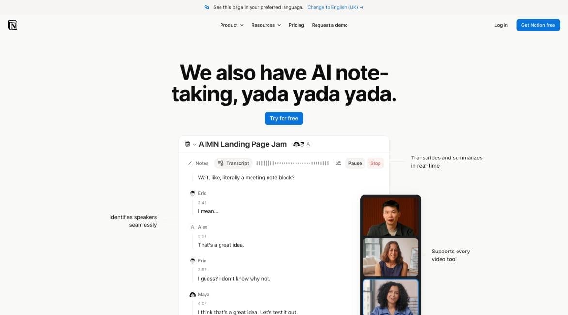 Notion AI Meeting Notes product page showing a live transcript