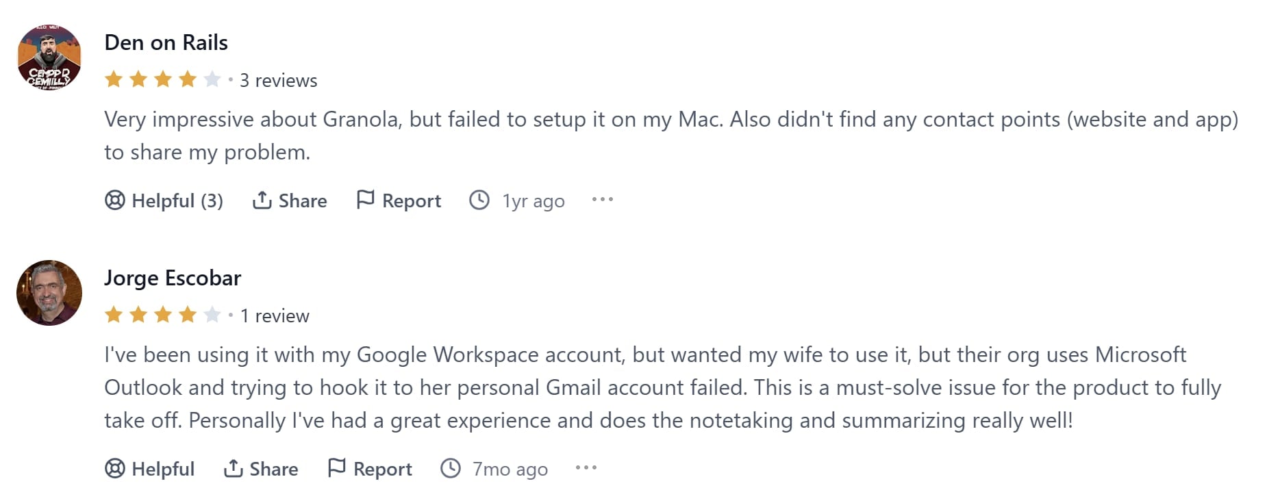 Два 4-звездочных отзыва о Granola ProductHunt.