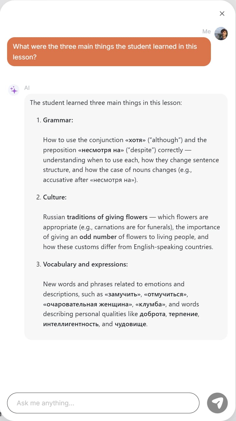 I asked Vomo AI for three specific things the student learned in their class.