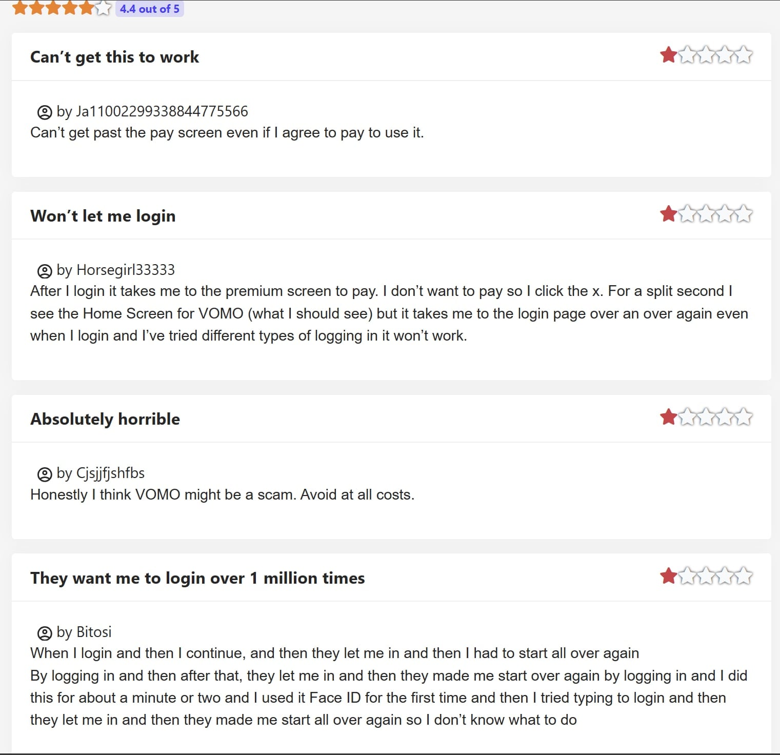 Just Use App has a bunch of one star reviews for Vomo AI.