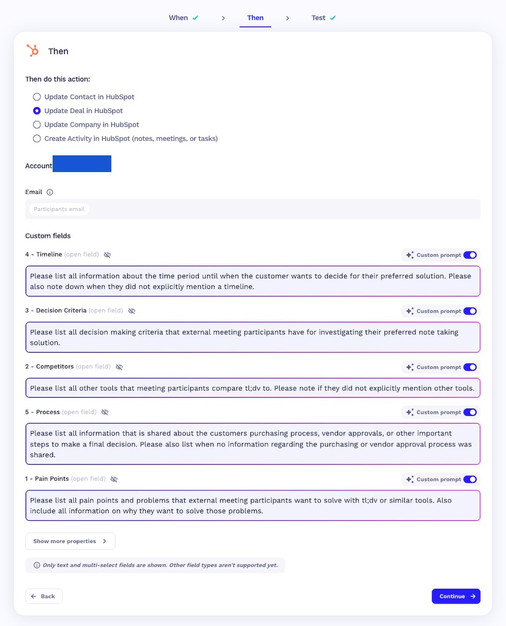 tl;dv workflow writing pain points, competitors, decision criteria, timeline and process into HubSpot deal properties