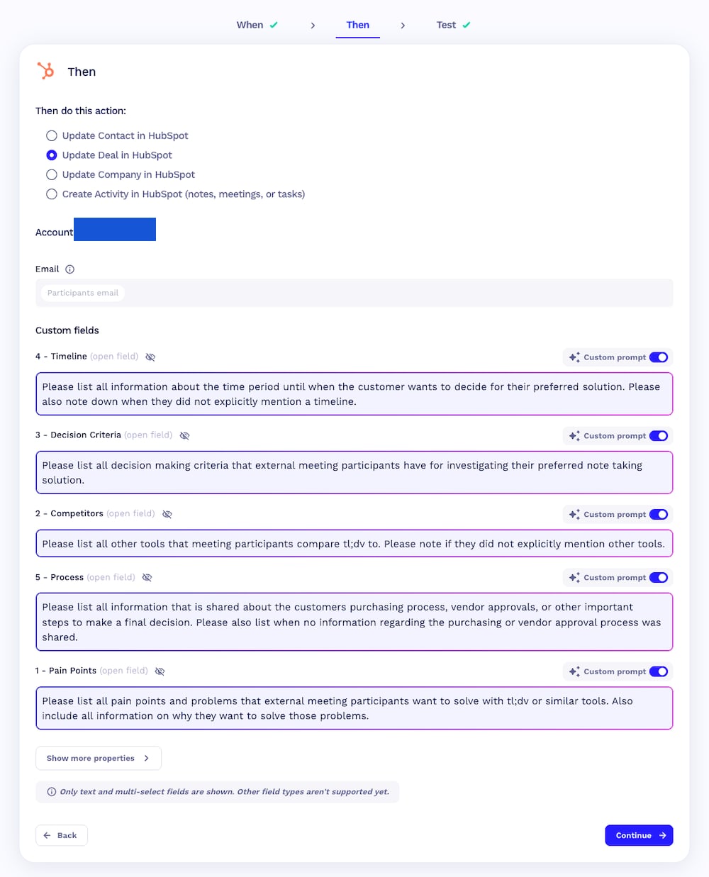 tl;dv workflow writing pain points, competitors, decision criteria, timeline and process into HubSpot deal properties
