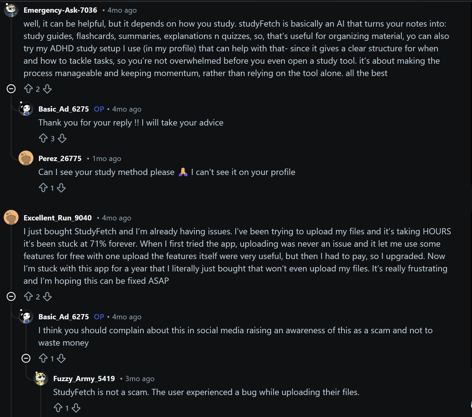 A Reddit post asking for opinions about StudyFetch