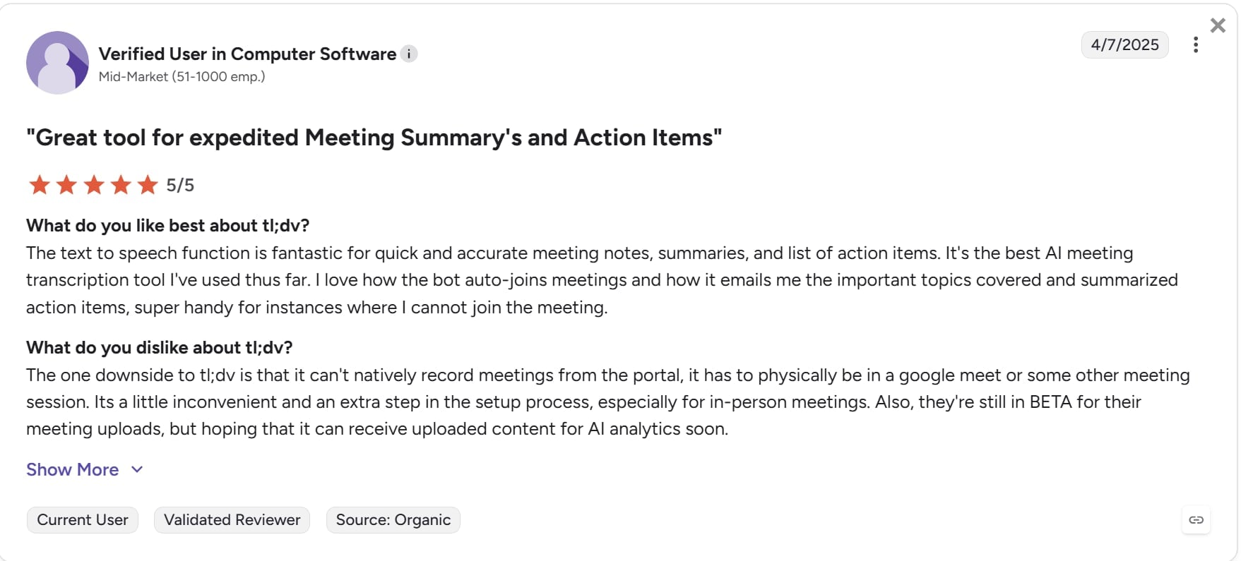 tl;dv received glowing praise from this G2 reviewer when talking about action items.
