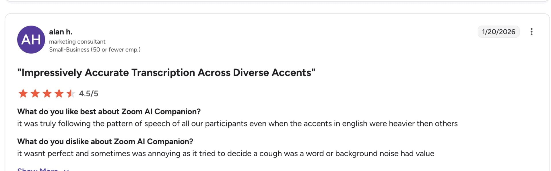 Zoom AI Companion user review screenshot from January 2026 highlighting transcription accuracy across accents