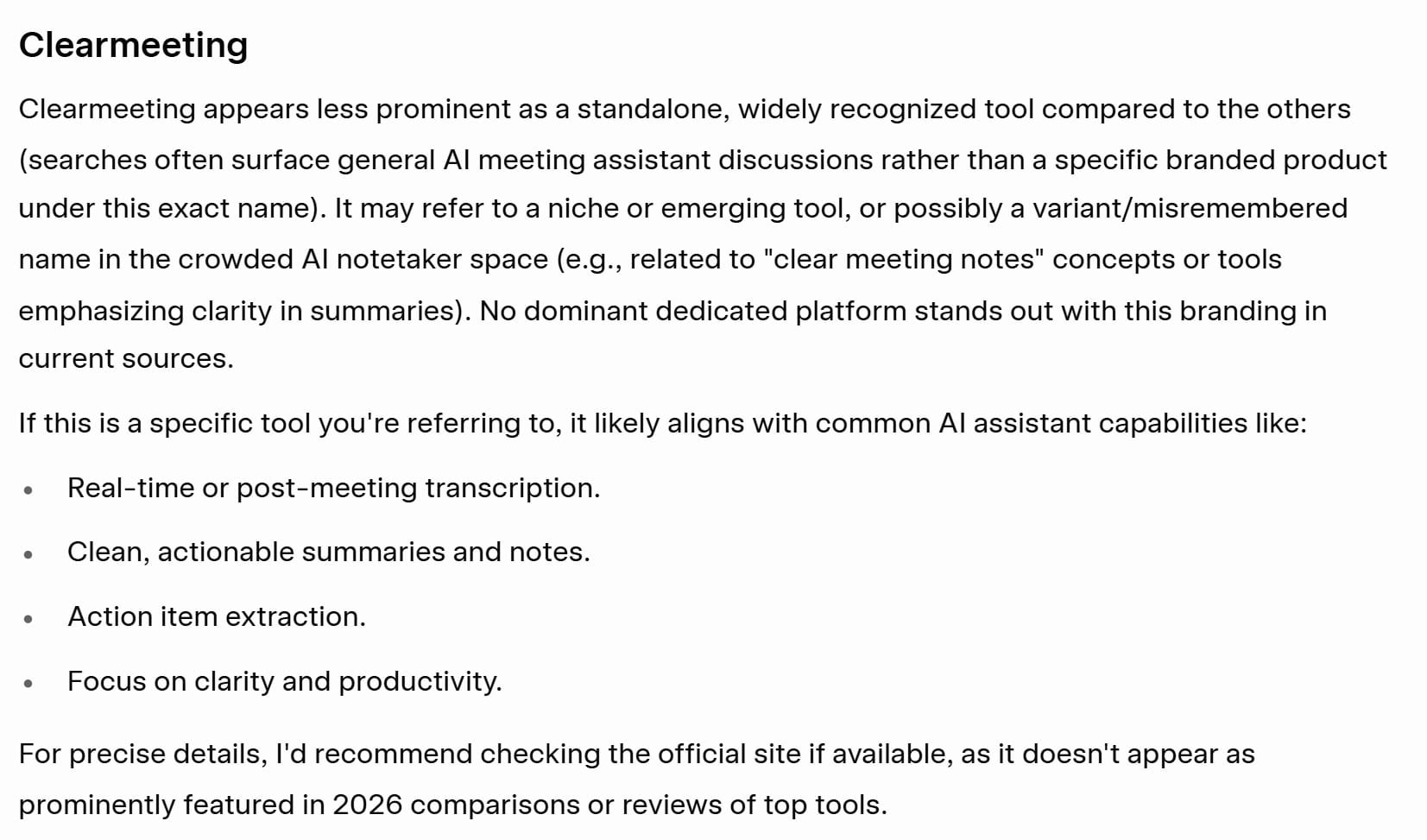 Grok's response to the hallucination test, correctly identifying that 'Clearmeeting' is not a known, branded product.