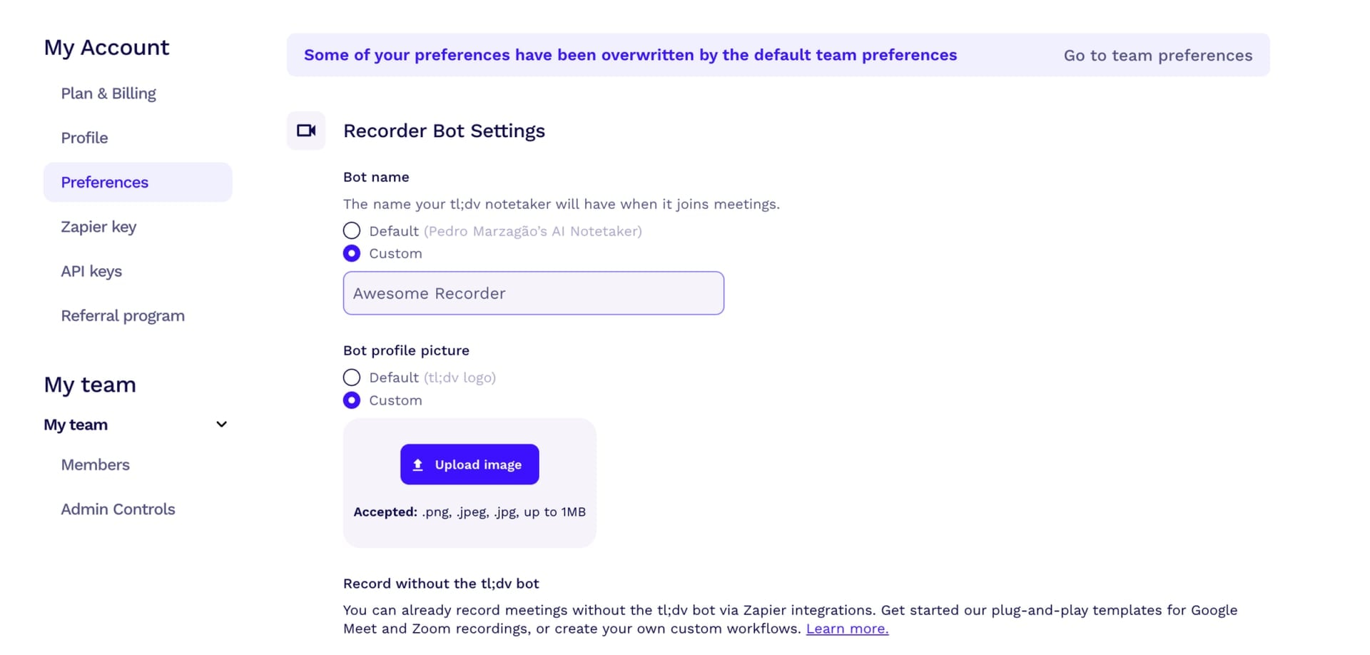 tl;dv avatar bot personalizado
