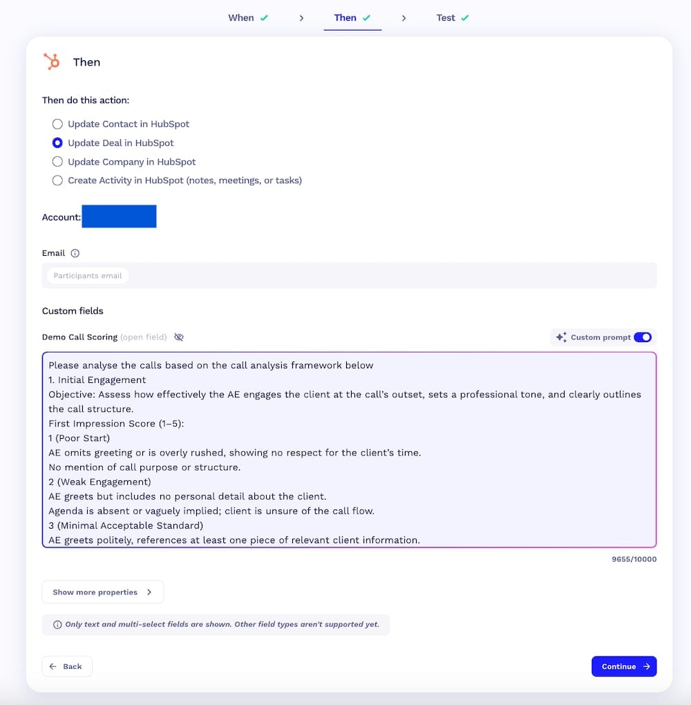 tl;dv workflow scoring demo calls against a call analysis framework written into a HubSpot deal property