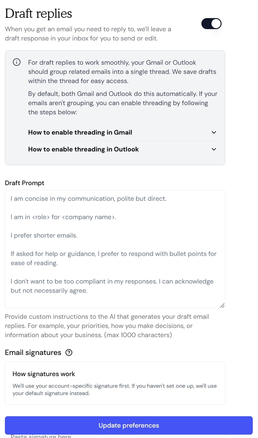 Fyxer.ai's email draft settings
