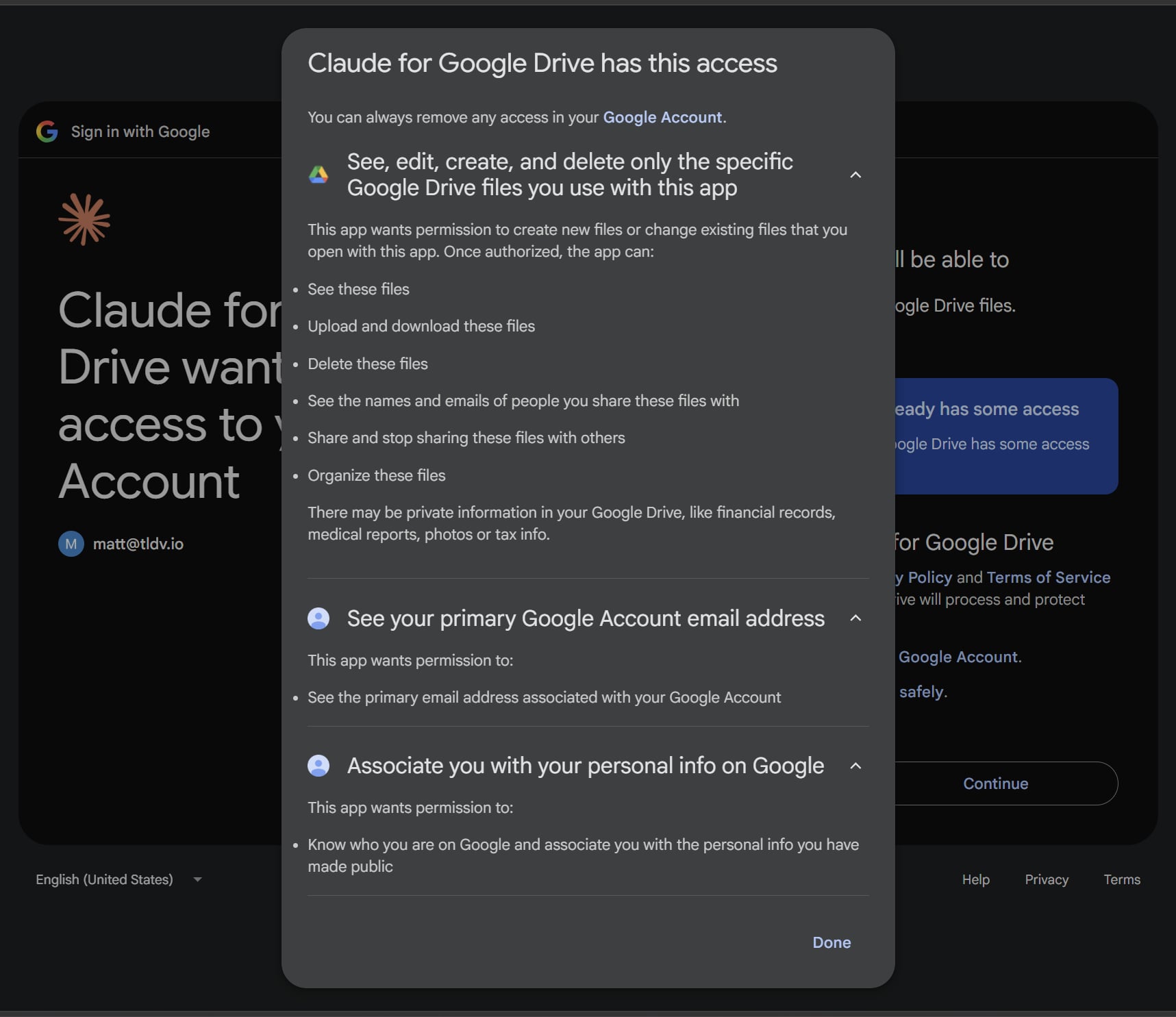 Google OAuth consent screen showing the permissions the Google Drive MCP connector requests