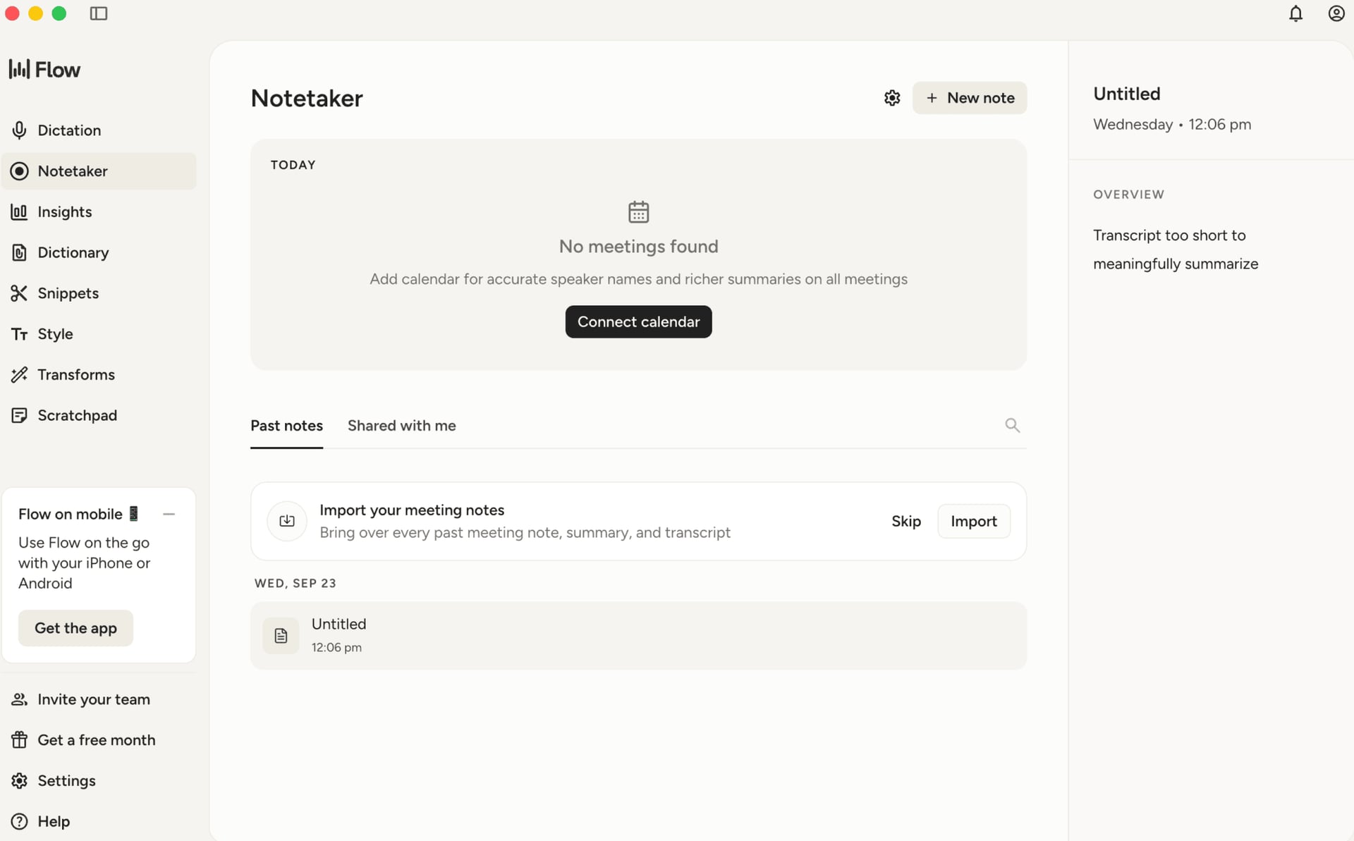 Wispr Flow Notetaker home screen with the left-hand sidebar, import prompt and Connect calendar button