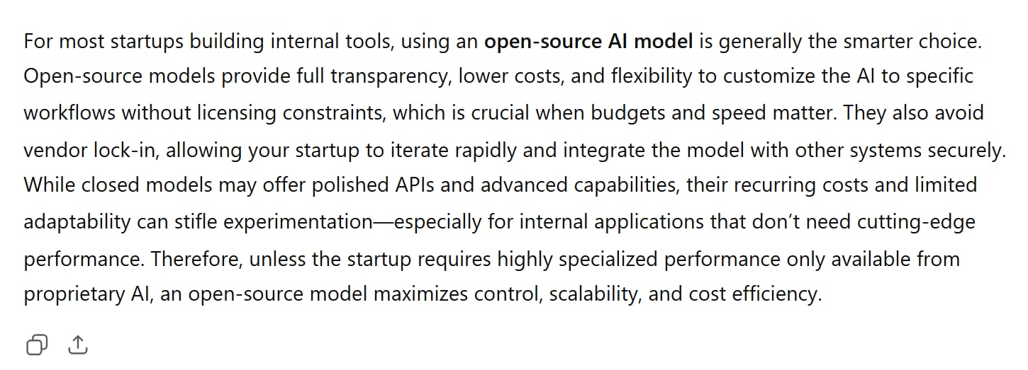 ChatGPT's second answer advocated for open-source models, showing its inconsistency. ChatGPT's second response to the same prompt, contradicting itself by stating that open-source models are generally the smarter choice.
