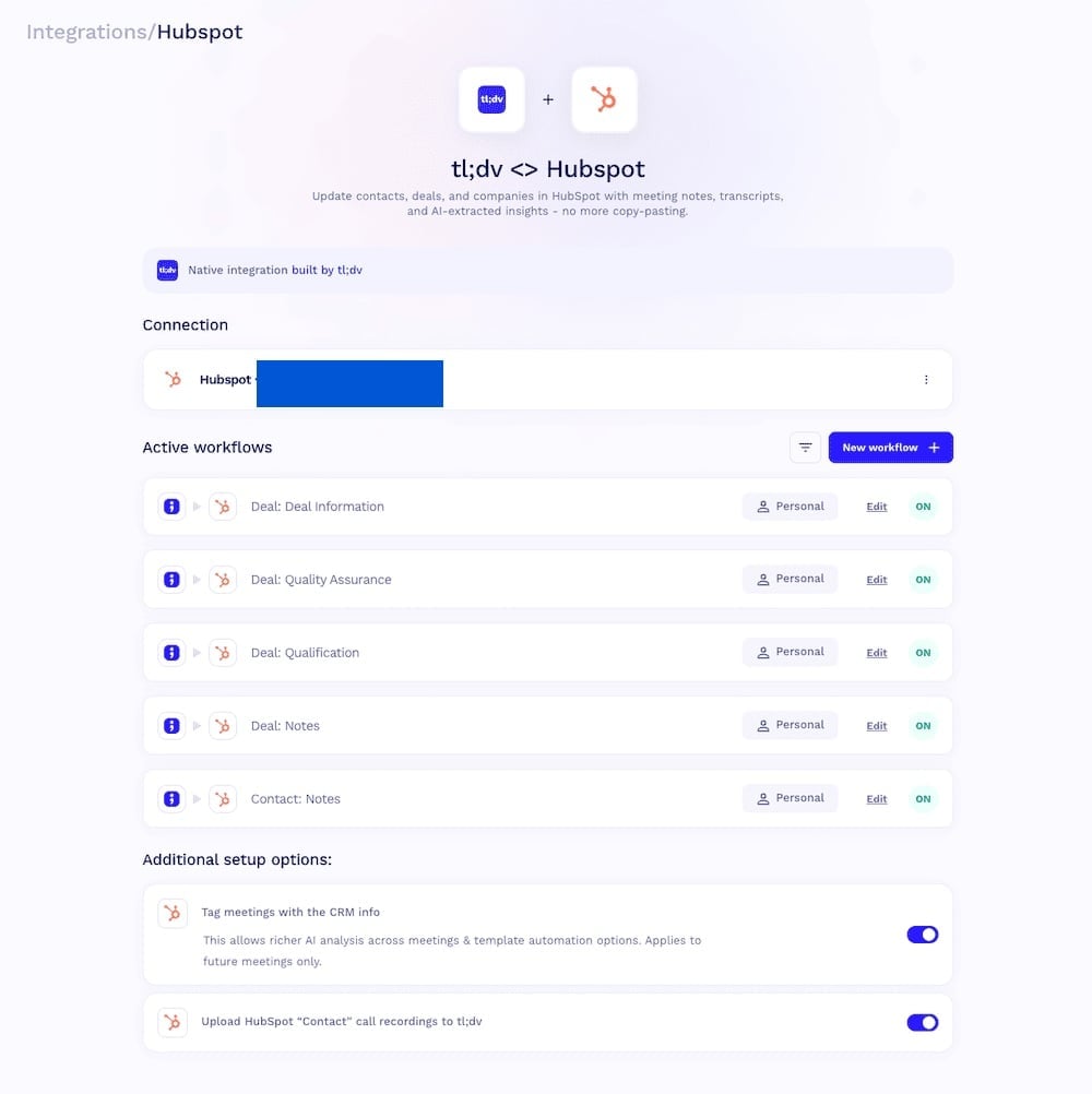 tl;dv HubSpot integration page showing five active workflows for deals and contacts