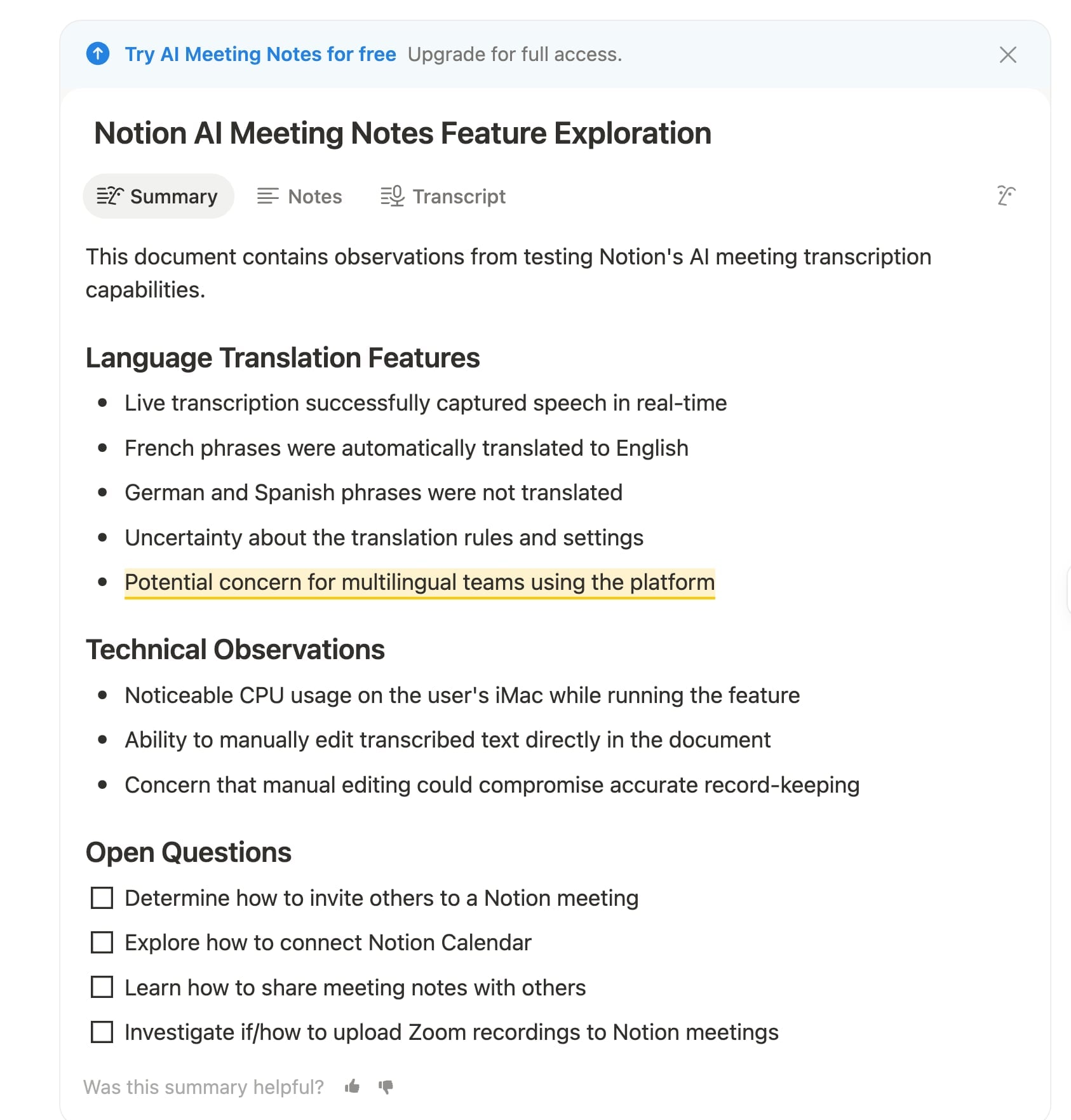 Notion AI Meeting Notes summary from my first-round language test