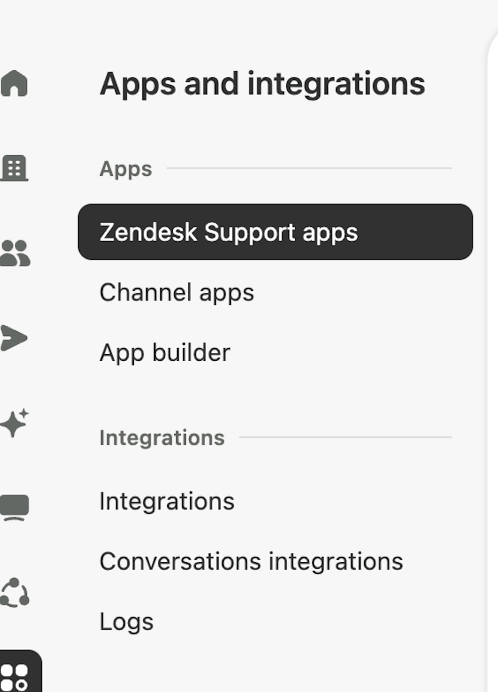Zendesk admin menu listing Apps and Integrations as two separate sections