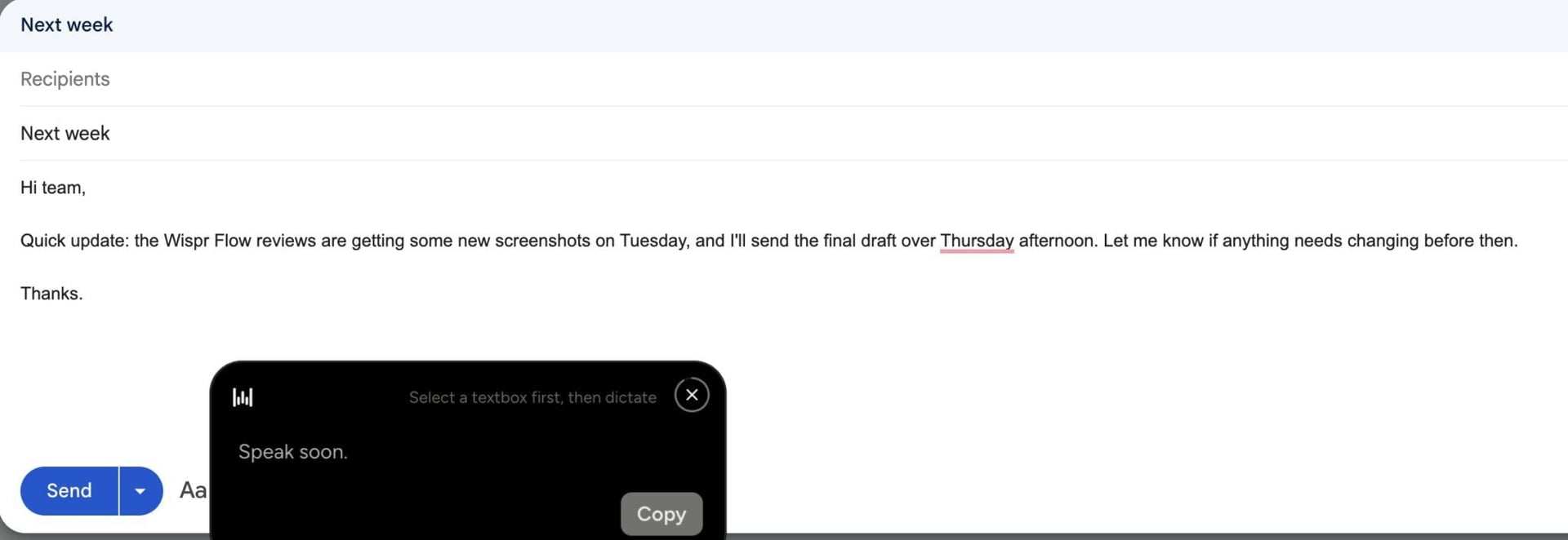 Wispr Flow dictating an email into a Gmail draft on Mac