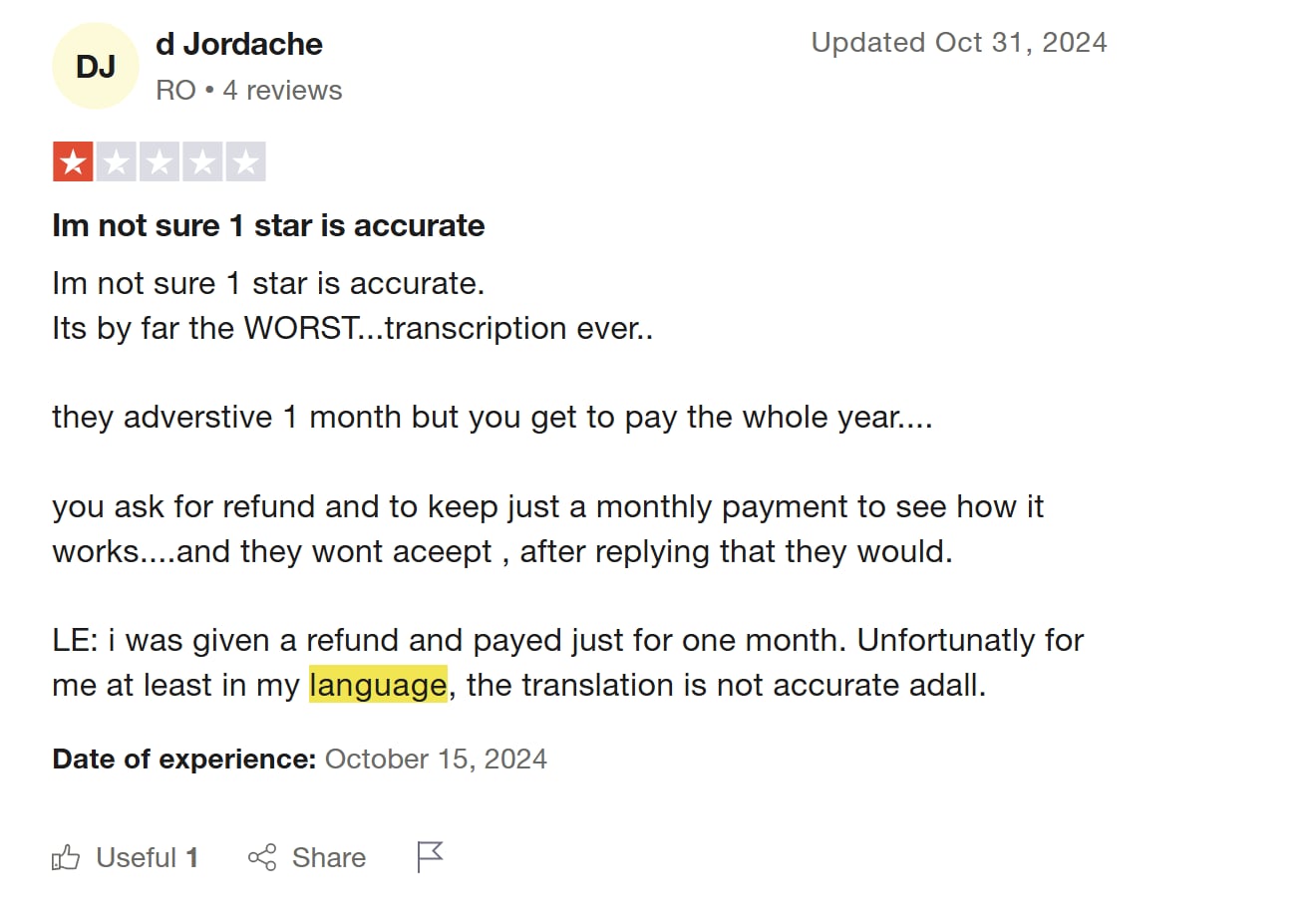 TrustPilot review of Notta: 1/5
