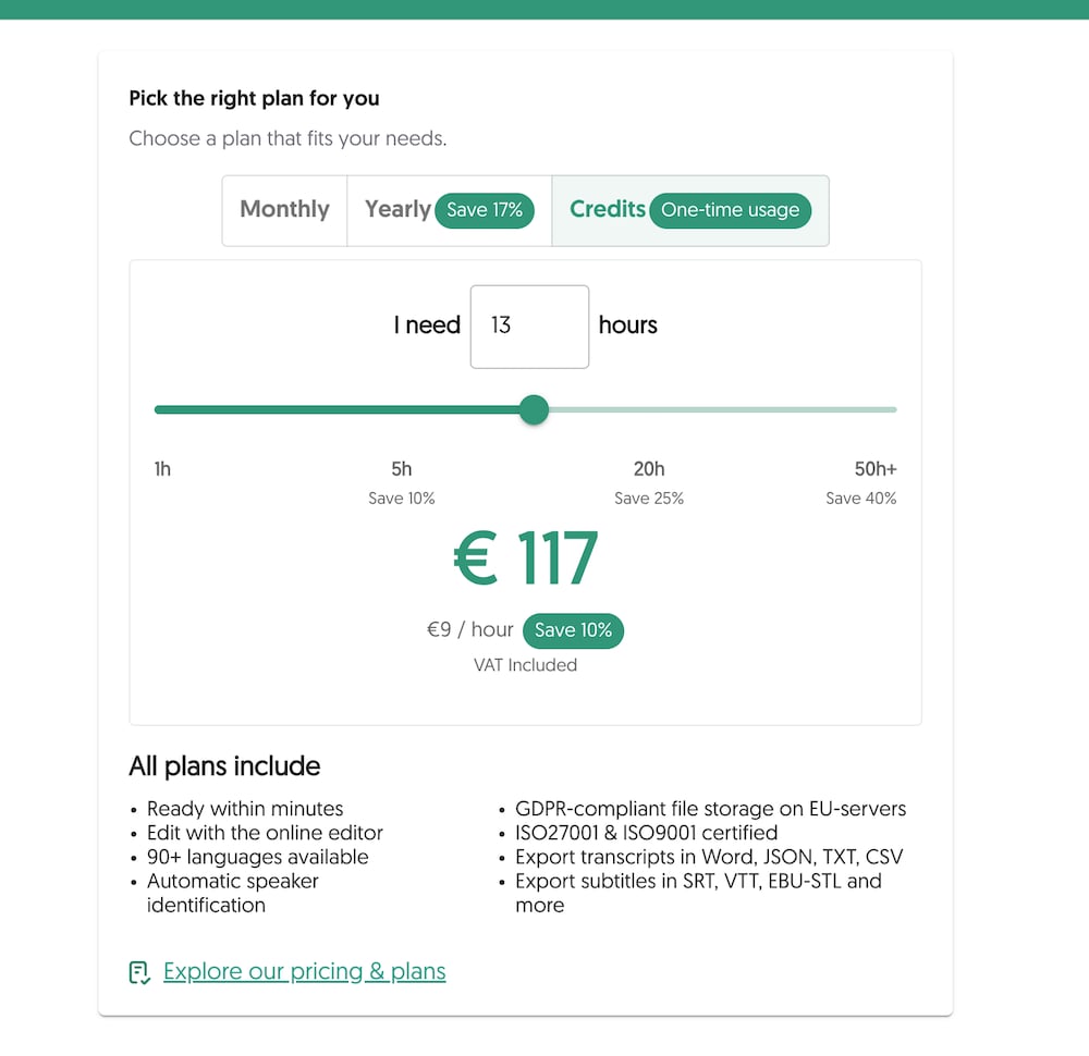 Amberscript one-time credit pricing slider set to 13 hours for €117 at €9 per hour