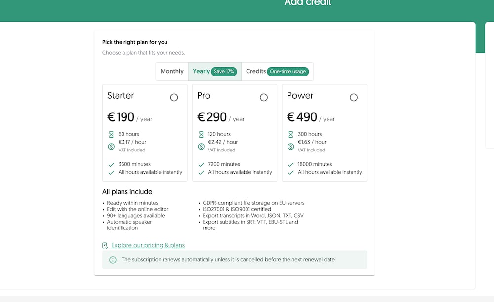 Amberscript yearly pricing: Starter €190, Pro €290, Power €490 per year with 17% saving