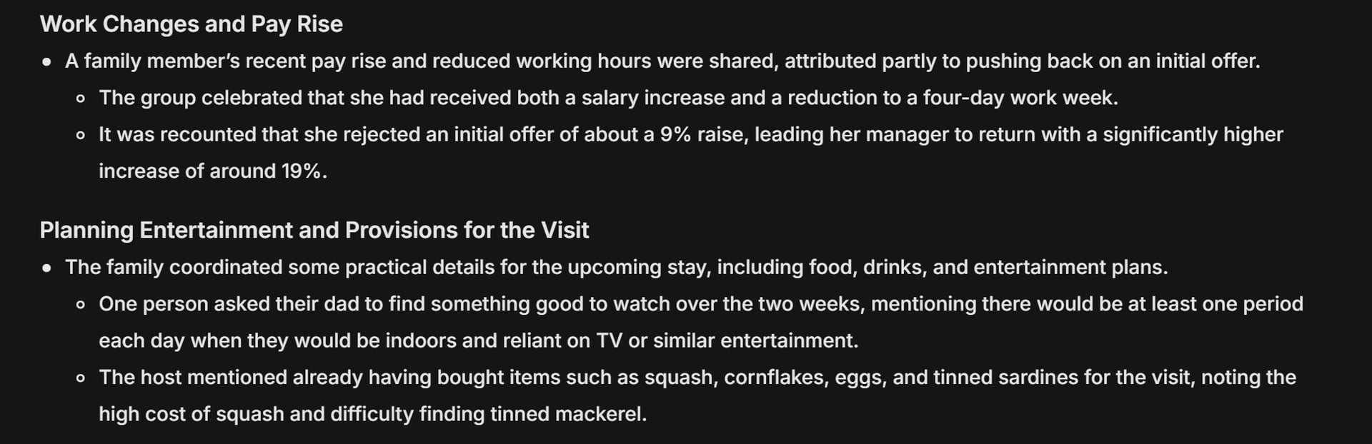 Vomo AI: a snippet from a summary of a family catch up.