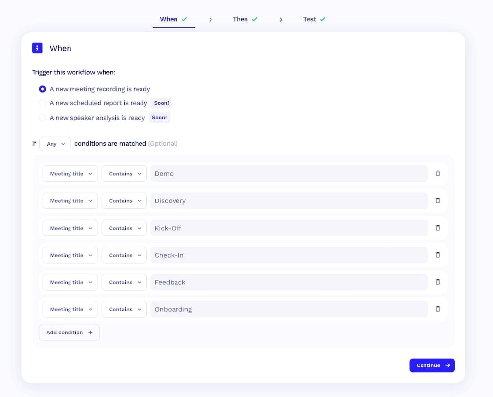 tl;dv workflow trigger set to fire on meeting titles containing Demo, Discovery, Kick-Off, Check-In, Feedback or Onboarding