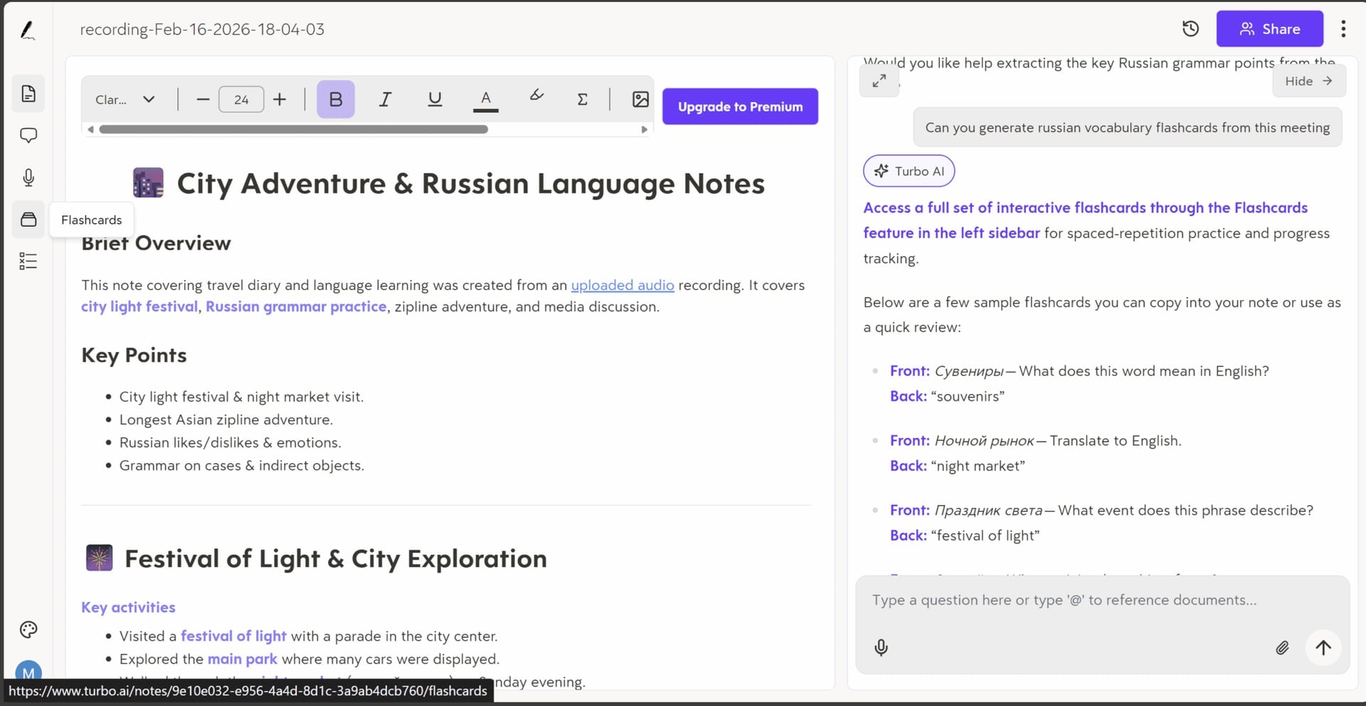 Turbo AI sidebar menu highlighting the flashcard, quiz, and podcast generation features.