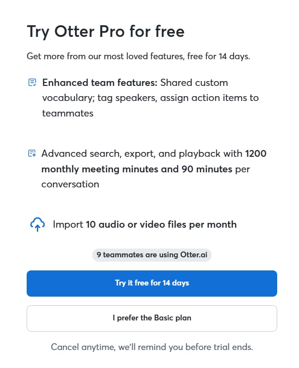 Otter's upsell during onboarding