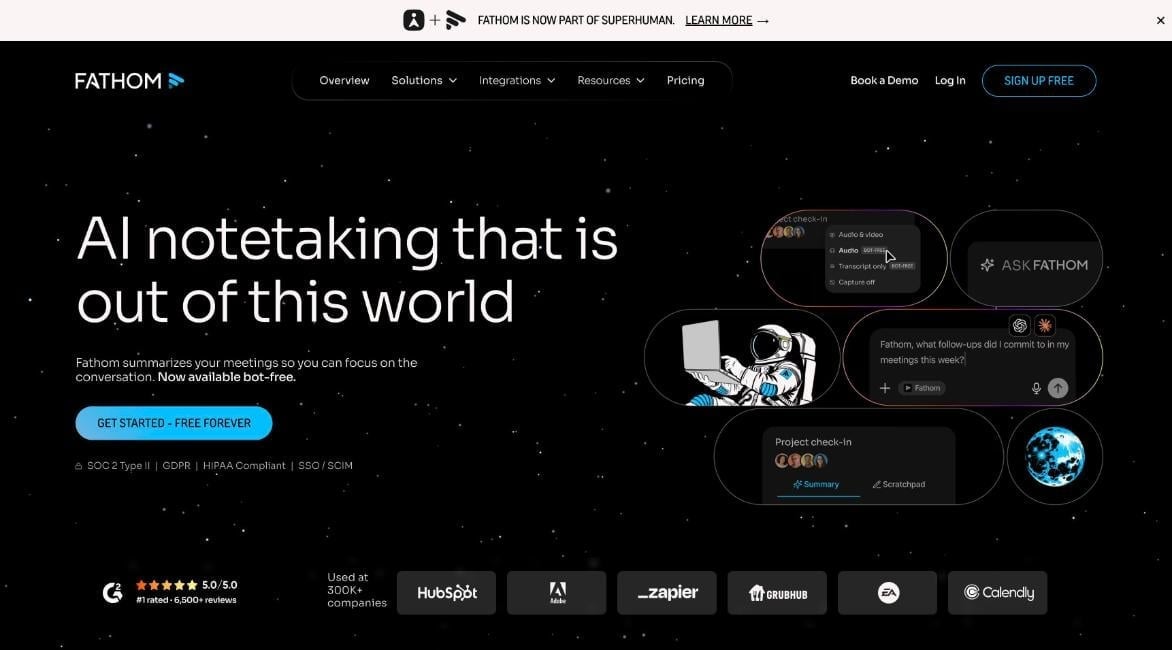 Fathom homepage in October 2026, after the Superhuman acquisition