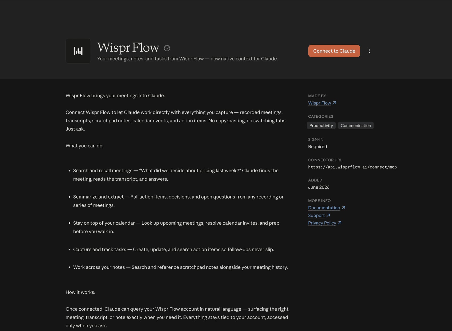 Claude connector directory listing for Wispr Flow, claiming it can create and update tasks, added June 2026